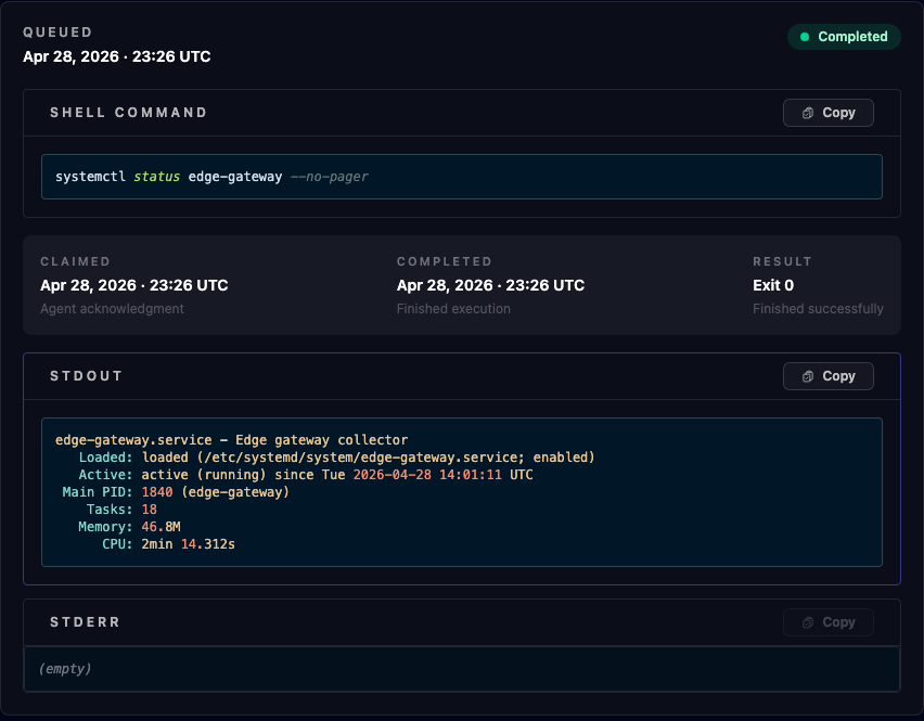 A completed command record: shell command, claimed and completed timestamps, exit 0, stdout, and an empty stderr